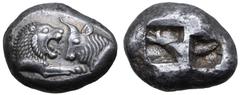 Greek Kingdom of Lydia, Kroisos AR Stater - Double Siglos. Sardes, circa 564/53-550/39 BC. Confronted foreparts of roaring lion to right and bull to left, each with extended foreleg / Two incuse squar