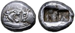 Greek Kingdom of Lydia, Kroisos AR Siglos. Sardes, circa 545-520 BC. Confronted foreparts of roaring lion to right and bull to left, each with extended foreleg / Two incuse squares punches. SNG Copenh