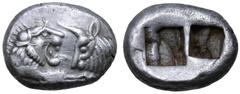 Greek Kingdom of Lydia, Kroisos AR Siglos. Sardes, circa 545-520 BC. Confronted foreparts of roaring lion to right and bull to left, each with extended foreleg / Two incuse squares punches. SNG Copenh