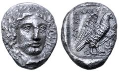 Greek Karia, Halikarnassos AR Tetradrachm. Circa 400-387 BC. Head of Apollo facing slightly right / AΛIKAPNAΣΣEΩN, eagle standing to right, with wings spread, star to right; all within shallow incuse 