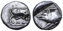 Greek Dynasts of Lycia, Dynast Oka...(?) AR Tetrobol. Circa 460-450 BC. Cow standing right, scratching head with hoof, VKA below / Forepart of boar left. Traité II, 236, pl. 95. 2.87g, 13mm, 2h. Extre