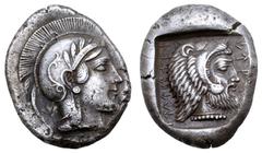 Greek Dynasts of Lycia, Kherei AR Stater. Telmessos, circa 410-390 BC. Head of Athena right, wearing crested Attic helmet decorated with spiral palmette and three olive leaves; KH (in Lycian script) b