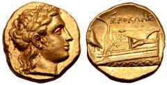 Greek Bithynia, Kios AV Stater. Circa 340-330. Hierokles, magistrate. Laureate head of Apollo to right / Prow of war galley to left, ornamented with a star on fighting platform; club above, eagle stan