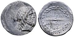 Greek Seleukid Empire, Alexander I Balas AR Tetradrachm. Seleucia Pieria, dated SE 166 = 147/6 BC. Laureate head of Zeus to right, with full beard and with his hair arranged in long curls of archaizin
