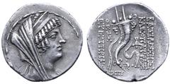 Greek Seleukid Empire, Cleopatra Thea Eueteria AR Tetradrachm. Sole reign. Ake-Ptolemais, dated SE 126/125 BC. Diademed and veiled bust of Cleopatra Thea right, wearing stephane / BAΣIΛIΣΣHΣ KΛEOΠATΡA