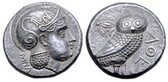 Greek Baktria, 'Athenian Series' AR Tetradrachm. Uncertain mint in the Oxus region, circa 261-239/8 BC. Attic standard. Head of Athena right, wearing earring, necklace, and crested Attic helmet decora