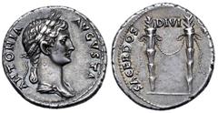 Roman Imperial Antonia Minor (mother of Claudius) AR Denarius. Rome, AD 41-45. ANTONIA AVGVSTA, draped bust right, wearing crown of corn-ears, hair in long plait behind / SACERDOS DIVI AVGVSTI, two ve