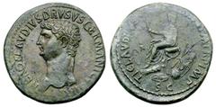 Roman Imperial Nero Claudius Drusus (father of Claudius) Æ Sestertius. Rome, AD 42-43. NERO CLAVDIVS DRVSVS GERMANICVS IMP, bare head left / TI CLAVDIVS CAESAR AVG P M TR P IMP P P P, Claudius seated 