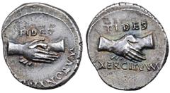 Roman Imperial Civil War AR Denarius. Uncertain mint in Spain or southern Gaul, AD 68-69. FIDES PRAETORIANORVM, clasped right hands / FIDES EXERCITVVM, clasped right hands. RIC 21; BMCRE 65; C. 363 (G
