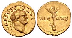 Roman Imperial Vespasian AV Aureus. Rome, July - December AD 71. IMP CAES VESP AVG P M, laureate head right / VIC AVG, Victory standing right on a globe, holding wreath and palm branch. RIC 47; C. 583