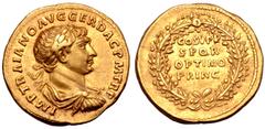 Roman Imperial Trajan AV Aureus. Rome, AD 103-111. IMP TRAIANO AVG GER DAC P M TR P, laureate, draped and cuirassed bust right / COS V P P SPQR OPTIMO PRINC in four lines within oak wreath. RIC 148; C