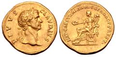 Roman Imperial Divus Claudius AV Aureus. Rome, restitution issue by Trajan circa AD 112-113. DIVVS CLAVDIVS, laureate bust of the deified Claudius to right / IMP CAES TRAIAN AVG GER DAC•P•REST•, Conco
