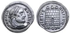 Roman Imperial Galerius AR Argenteus. Serdica, AD 305. MAXIMIANVS AVG, laureate head right / VIRTVS MILITVM, camp gate with three turrets with open arch and no doors; •SM•SDЄ• in exergue. RIC 11b; Gau