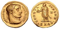 Roman Imperial Galerius AV Aureus. Serdica, AD 305-306. IMP MAXIMIANVS P F AVG, laureate bust right / CONSVL AVGG NN, Galerius, togate, standing to left, holding globe, sceptre at side; retrograde Σ i