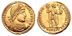 Roman Imperial Valentinian I AV Solidus. Arelate, AD 364-367. D N VALENTINIANVS P F AVG, pearl-diademed, draped and cuirassed bust right / RESTIVTOR REIPVBLICAE, Emperor standing facing, head right, h