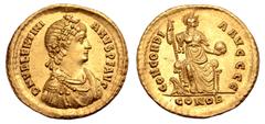 Roman Imperial Valentinian II AV Solidus. Constantinople, AD 375-378. D N VALENTINIANVS P F AVG, rosette-diademed, draped and cuirassed bust right / CONCORDIA AVGGG Є, Constantinopolis seated facing o