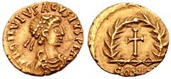 Roman Imperial Romulus Augustus AV Tremissis. Ravenna, AD 475-476. D N ROMVLVS AGVSTVS P F A, pearl-diademed, draped and cuirassed bust right / Cross within wreath; COMOB below. Lacam 27 corr. (obv. l