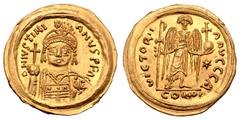 Byzantine Justinian I AV Solidus. Rome, circa AD 542-546. D N IVSTINIANVS P F AG, helmeted and cuirassed facing bust, holding globe cruciger in right hand, shield over left shoulder / VICTORIA AVGG A 