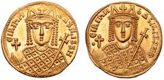 Byzantine Irene AV Solidus. Constantinople, AD 797-802. ЄIPIҺH ЬASILISSH, crowned facing bust of Irene, wearing loros, holding globus cruciger in right hand, cruciform sceptre in left / •ЄIPIҺH ЬASILI