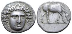 Greek Thessaly, Larissa AR Drachm. Early to mid 4th century BC. Head of the nymph Larissa facing slightly right, hair in ampyx / Horse grazing right; [ΛΑΡΙ] above. BCD Thessaly II 234 (this obverse di