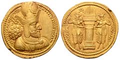 Greek Sasanian Kings, Shapur I AV Dinar. Ctesiphon, AD 260-272. Draped bust right, wearing diadem and mural crown surmounted by a korymbos; one pellet above and two below diadem ties / Fire-altar flan