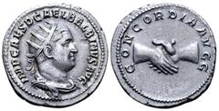 Roman Imperial Balbinus AR Antoninianus. Rome, AD 238. IMP C D CAEL BALBINVS AVG, radiate, draped and cuirassed bust right / CONCORDIA AVGG, clasped hands. RIC 10. 4.40g, 22mm, 12h. Near Extremely Fin