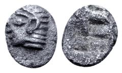 Greek Ionia, Kolophon AR Tetartemorion. Circa 530-500 BC Archaic head of Apollo left / Irregular incuse square punch. SNG Kayhan 343; SNG Copenhagen -; SNG von Aulock 1810. 0.15g, 5mm. About Good Very