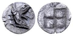 Greek Ionia, Teos AR Tetartemorion. Circa 460-420 BC. Head of griffin right / Quadripartite incuse square. SNG Kayhan 602. 0.19g, 7mm. Good Very Fine. A very attractive example for the type.