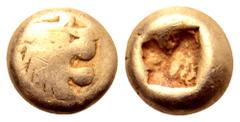 Greek Kingdom of Lydia, Alyattes EL Hemihekte - 1/12 Stater. Sardes, circa 610-560 BC. Head of roaring lion right, sunburst on forehead / Incuse square punch. Weidauer group XVI, 90; Traité I 47; SNG 