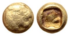 Greek Kingdom of Lydia, Alyattes EL 1/24 Stater. Sardes, circa 610-560 BC. Head of roaring lion right, sunburst on forehead / Incuse square punch. Traité I 49; Sunrise 4; Weidauer group XVI, 90 var. (