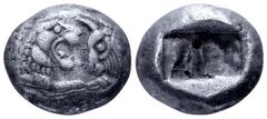 Greek Kingdom of Lydia, Kroisos AR Siglos. Sardes, circa 545-520 BC. Confronted foreparts of roaring lion to right and bull to left, each with extended foreleg / Two incuse squares punches. SNG Copenh