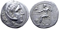 Greek Rhodos, Rhodes AR Tetradrachm. Cretan War issue, circa 205-190 BC. In the name and types of Alexander III of Macedon. Head of Herakles right, wearing lion skin headdress / Zeus Aëtophoros enthro