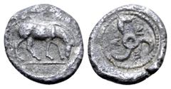 Greek Dynasts of Lycia, Khinakha AR Obol. Circa 460-420 BC. Horse grazing right / Triskeles, KEN (in Lycian script) around; all within circle. cf. SNG Von Aulock 4126 (stater). 0.6g, 9mm. Very Fine. V