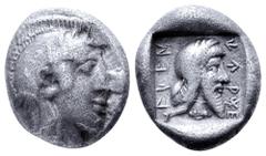 Greek Dynasts of Lycia, Kherei AR Triobol. Circa 410-390 BC. Helmeted head of Athena right / Head of bearded dynast right, wearing Persian tiara, legend to left and right; all within incuse square. Cf