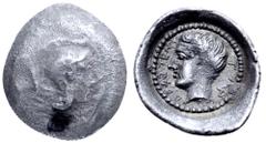 Greek Dynasts of Lycia, Ddentmmi AR Obol. Tlos, circa 400-380 BC. Helmeted head of Athena right / Male head right; Lykian legend around: "ddentmmi tla". Unpublished in the standard references, for dyn