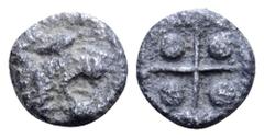 Greek Asia Minor, uncertain mint AR Tetartemorion. Circa 500-480 BC. Head of roaring lion right / Quadripartite incuse square with pellet in each quarter. Leu Web Auction 2, 303; Gitbud & Naumann 6, 9