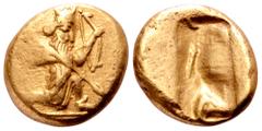 Greek Achaemenid Kings of Persia AV Daric. Time of Darios I to Xerxes II, circa 485-420 BC. Persian Great King or hero, wearing kidaris and kandys, in kneeling-running attitude on exergual line to rig