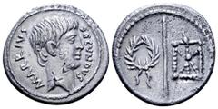 Roman Republic Marcus Arrius Secundus AR Denarius. Rome, 41 BC. Young, bare, male head (Octavian? or Quintus Arrius?) right, wearing slight beard; M•ARRIVS upwards behind, SECVNDVS downwards before / 