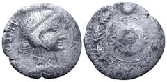 Roman Imperial Civil War AR Denarius. Uncertain mint in Spain, early AD 68. LIBERTAS RESTITVTA, bust of Libertas right, wearing necklace / S P Q R on round shield within oak wreath. RIC 27; Martin 91;