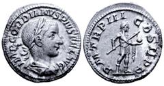 Roman Imperial Gordian III AR Denarius. Rome, AD 241-243. IMP GORDIANVS PIVS FEL AVG, laureate, draped and cuirassed bust right / P M TR P III COS II P P, Gordian, standing right in military dress, ho