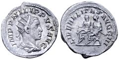 Roman Imperial Philip II AR Antoninianus. Rome, AD 247-249. IMP PHILIPPVS AVG, radiate, draped and cuirassed bust right / LIBERALITAS AVGG III, Philip I and Philip II seated left on curule chairs; Phi