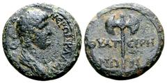 Roman Provincial Nero Æ16 of Thyateira, Lydia. AD 54-68. NЄPΩN KΛAYDI [KAICAP CЄBA], bare-headed and draped bust right / ΘYPATEIPHNΩN, labrys. RPC I 2381; SNG Cop. 595; SNG von Aulock 4268. 3.19g, 16m