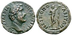 Roman Provincial Antoninus Pius Æ19 of Nicopolis ad Istrum, Moesia Inferior. AD 138-161. AV T AI AΔPIA ANTΩNEINOC, bare head right / NEIKOΠOΛEITΩN, Apollo standing right, resting hand on tree trunk up
