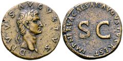 Roman Imperial Divus Augustus Æ Sestertius. Restitution issue, struck under Nerva. Rome, AD 98. DIVVS AVGVSTVS , laureate head of Divus Augustus right / IMP•NERVA•CAESAR•AVGVSTVS•REST• around large S•