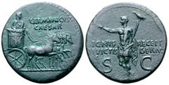 Roman Imperial Germanicus (father of Caligula) Æ Dupondius. Rome, AD 37-41. GERMANICVS CAESAR, Germanicus, bareheaded and draped, standing right in chariot, holding eagle-tipped sceptre and reins in l