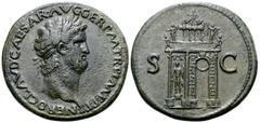 Roman Imperial Nero Æ Sestertius. Rome, AD 64. NERO • CLAVD • CAESAR • AVG • GER • P • M •TR • P • IMP P P, laureate bust right, with light drapery on far shoulder / Garlanded triumphal arch surmounte