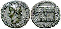 Roman Imperial Nero Æ Sestertius. Rome, AD 54-68. NERO CLAVDIVS CAESAR AVG GER P M TR P IMP P P, laureate head left / PACE P R TERRA MARIQ PARTA IANVM CLVSIT, Temple of Janus with latticed windows, do