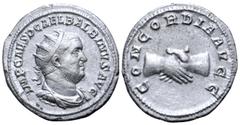 Roman Imperial Balbinus AR Antoninianus. Rome, AD 238. IMP CAES D CAEL BALBINVS AVG, radiate, draped and cuirassed bust right / CONCORDIA AVGG, clasped hands. RIC 10. 3.61g, 22mm, 12h. Good Very Fine.