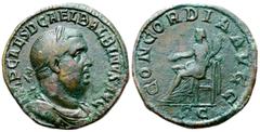 Roman Imperial Balbinus Æ Sestertius. Rome, AD 238. IMP CAES D CAEL BALBINVS AVG, laureate, draped and cuirassed bust right / CONCORDIA AVGG, Concordia seated left, holding patera and cornucopiae; SC 