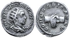 Roman Imperial Herennius Etruscus, as Caesar, AR Antoninianus. Rome, AD 250-251. Q HER ETR MES DECIVS NOB C, radiate and draped bust right / CONCORDIA AVGG, clasped hands. RIC 138; RSC 4. 4.06g, 22mm,